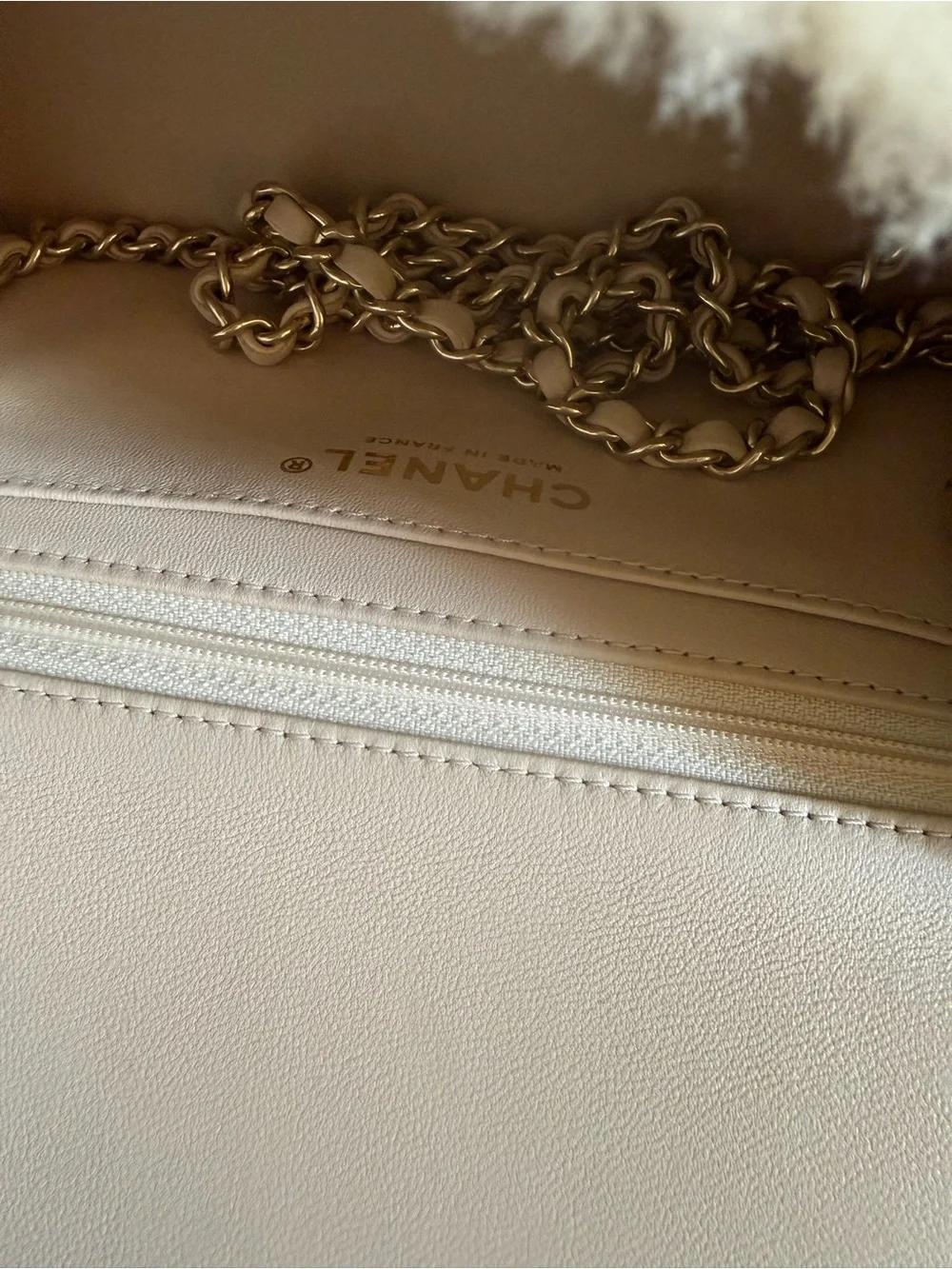 CHANEL Cream Shearling Mini Flap Top-Handle Bag